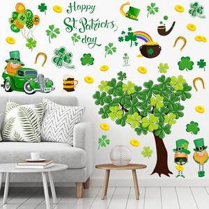 Resurhang Large St. Patrick's Day Tree Wall Stickers Clover Tree Gnome Wall Decals Green Shamrock Removable Gold Coins Mural Decor for Irish Holiday Office Home, 2 Sheets