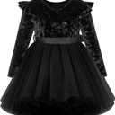 UNICOMIDEA 1-6T Toddler Velvet Dress Little Girls Tutu Tulle Crewneck Long Sleeve Holiday Party Fashion Dresses (Black)