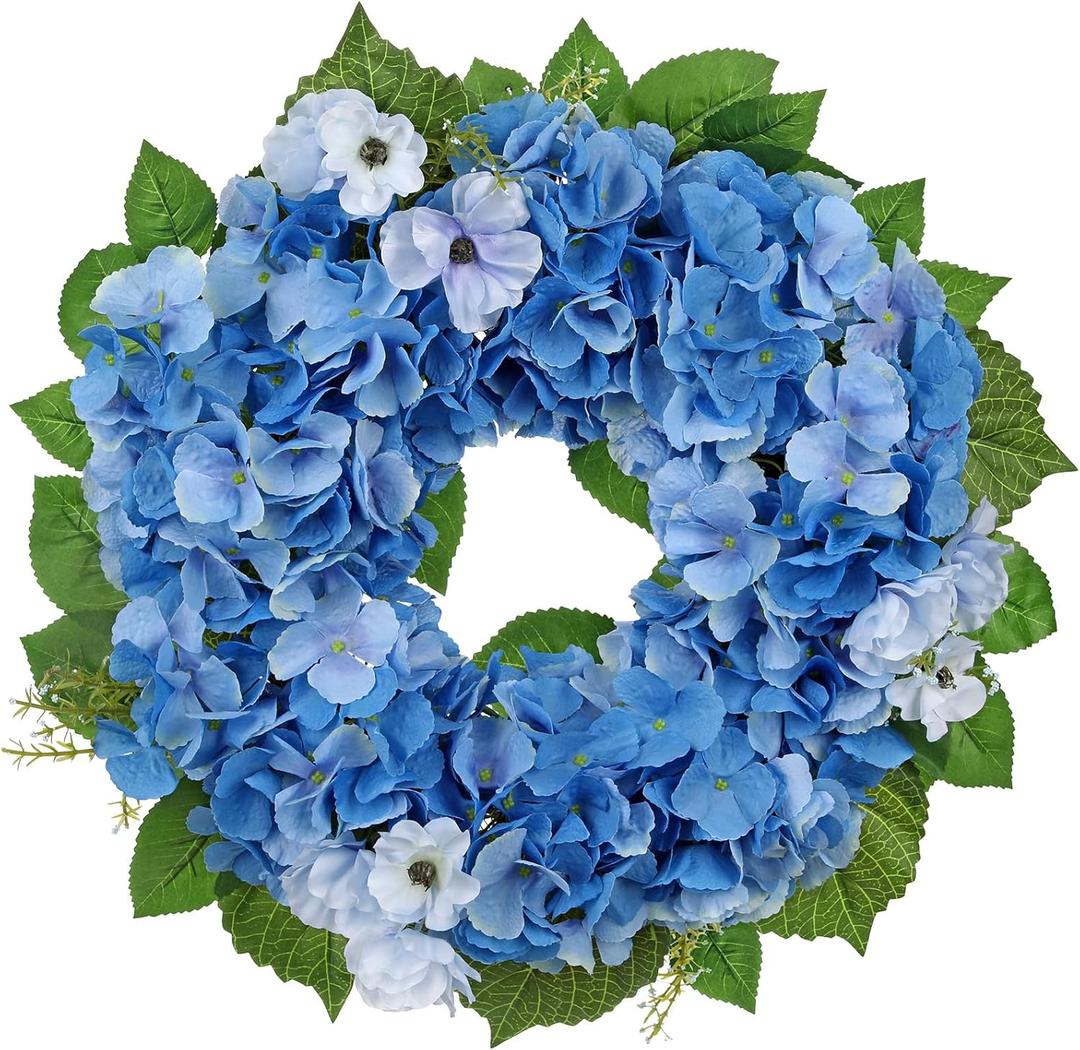 Hollyone Artificial Hydrangea Wreath for Front Door, 20 Inch Blue Faux Hydrangea Flower Wreaths Fake Spring Summer Flowers Wreath for All Season Indoor Outdoor Home Mantel Wall Farmhouse Decor
