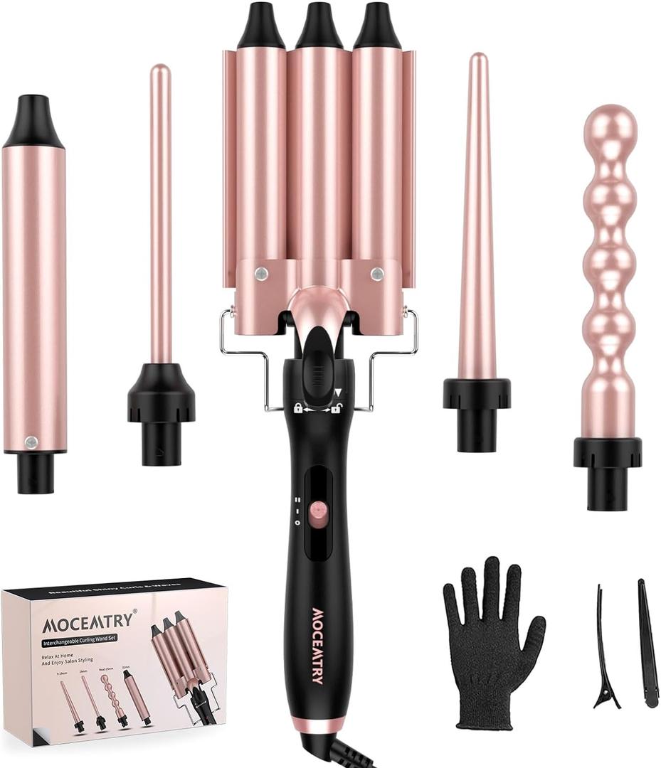 MOCEMTRY 5 in 1 Curling Wand Set with 3 Barrel Hair Crimper for WomenFast Heating Hair Wand Curler with Two Temp Control. (C528)