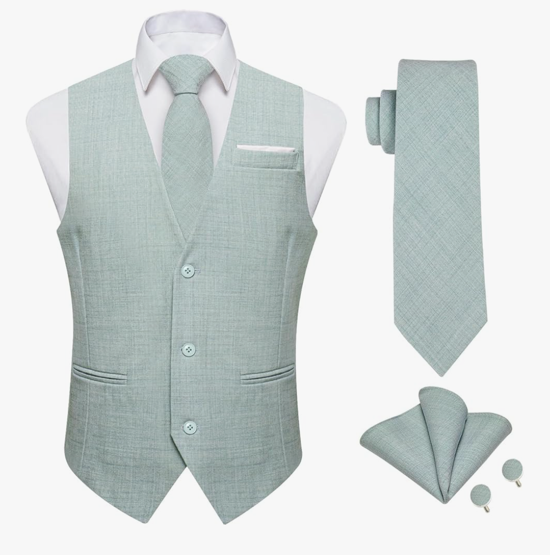 DiBanGu 4PCS Mens Suit Vest Linen Solid Color Vest for Men Wedding Casual Waistcoat Necktie Pocket Square Cufflinks 3XL
