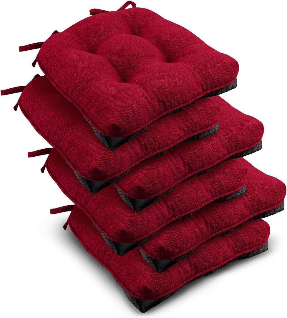 downluxe Indoor Chair Cushions for Dining Chairs, Tufted Overstuffed Textured Kitchen Chair Pads with Ties and Non-Slip Backing, 15.5" x 15.5" x 4", Red, 6 Pack