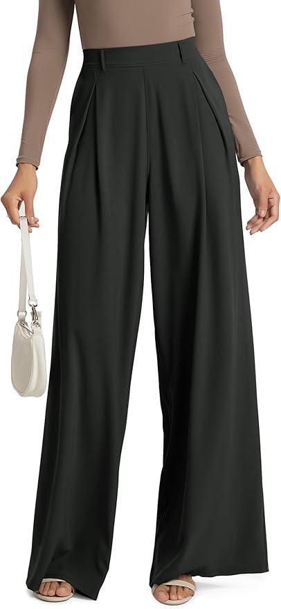 ODODOS Pleated Wide Leg Pants for Women Flowy Lightweight High Waist Trouser with Pockets-27 Inseam, Dune, X-Small