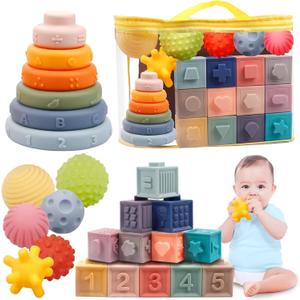 Montessori Toys for Babies 6-12 Months, Soft Baby Blocks Toys Set, 3 in 1 Infant Stacking Building Blocks, Teething Toys Sensory Balls Educational Learning Toys for Toddlers 3-6-9-11 Months Boys Girls