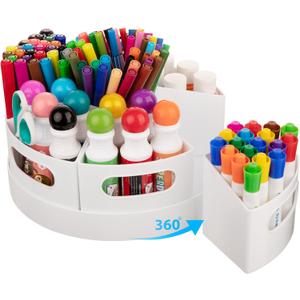 CraftGenes Art Supplies Organizer, Extra Large 360 Rotating Desk Organizer with 7 Removable Compartments, Marker Organizer for Home, Office, and Classroom, Crayon Holder (White)