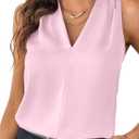 EVALESS Women's Pleated V Neck Sleeveless Tank Top (Pink, L)