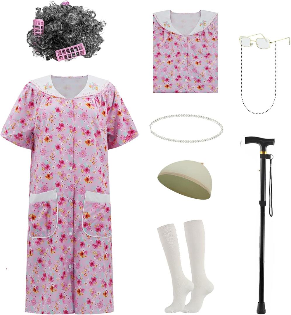 Old Lady Costume for Women, Grandma Costume Kit with Nightgown Old Lady Dress Granny Costume Halloween Outfits (Large-X-Large, Pink)