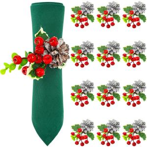 Christmas Napkin Rings Set of 12 Napkin Holder with Pine Cone Pine Needle Red Berries Livelike Handmade Napkin Ring Holder Xmas Serviette Buckle Holder for Xmas Wedding Party Banquet (Modern Style)