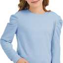 Girls Puff Sleeve Cute T Shirts Kids Fall Tops Crewneck Clothes Loose Fit 5-14Y (Blue)