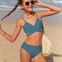 Doumlop Girls Swimsuits Size 10-12 Girls Bathing Suits Size 10-12 Two Piece Bathing Suits for Girls Solid Color V-Neck Adjustable Shoulder Straps Girls' Swimwear Blue