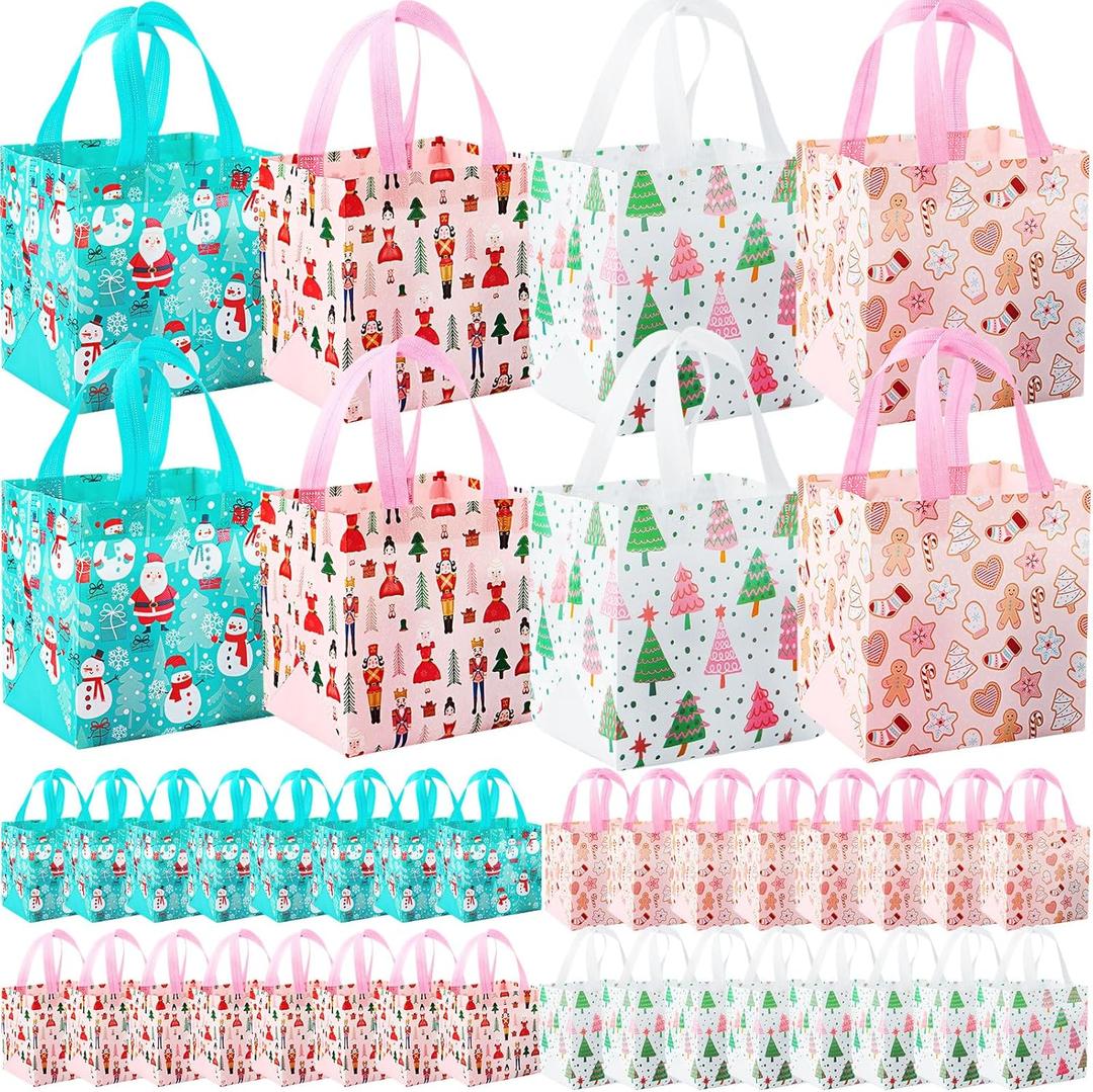 Hillban 60 Pcs Christmas Party Gift Bags Snowmen Gingerbread Men Santa Treat Non Woven Party Bags with Handles for Christmas Supplies