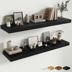 Fun Memories 48 Inch Floating Shelves for Wall - 12 Inch Deep Fireplace Mantel Shelf - Wood Floating Shelf for Wall - Large Storage Shelves Wall Mount for Living Room & Bedroom - Black - Set of 2