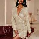Sequin Saprkly Mini Dress Long Sleeve Homecoming V Neck Bodycon Dress Party Prom Cocktail Glitter Dress (Beige, XL)