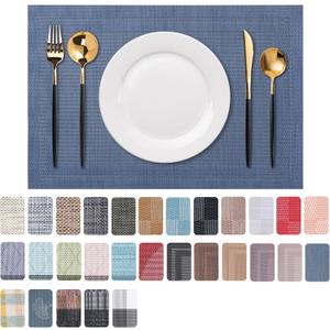 CADONO Placemats Set of 6 Washable Indoor/Outdoor Vinyl Place Mats for Dining Table Durable Non-Slip Heat Resistant PVC Weave Table MatsSimple Style-Deep Blue