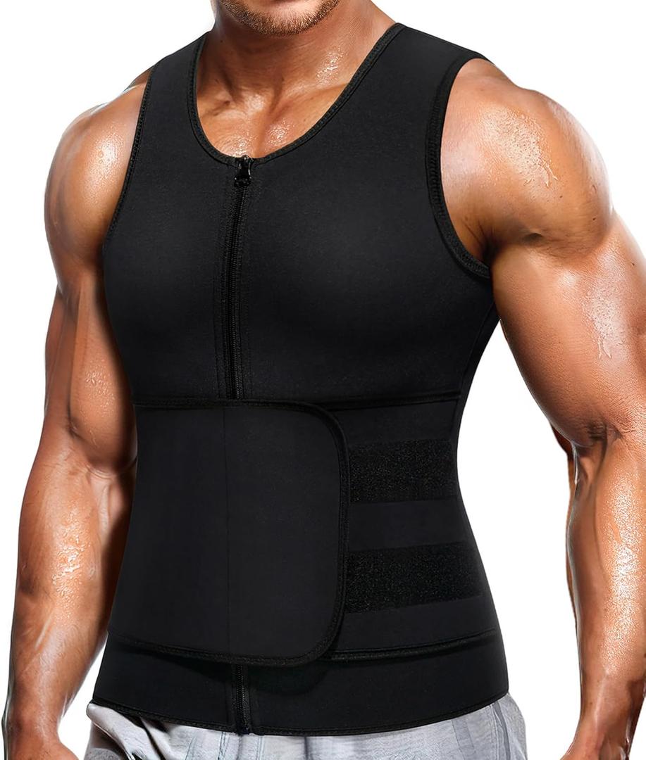 Wonderience Neoprene Sauna Suit for Men Waist Trainer Vest Zipper Body Shaper with Adjustable Tank Top (Small, Black)