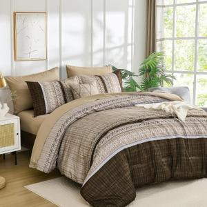 Dintszyayue Brown Comforter Set Queen Size, 8 Pieces Boho Striped Bed in a Bag Soft Microfiber Bedding Set for All Season