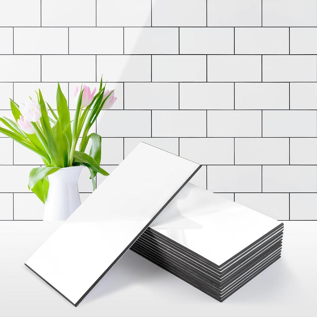 Vamos Tile 100-Piece Glossy Pure White Peel and Stick Backsplash Tile,3''x6'' PVC Subway Tile with Dark Gray Grout,Stick on Backsplash for Kitchen/Bathroom/Fireplace