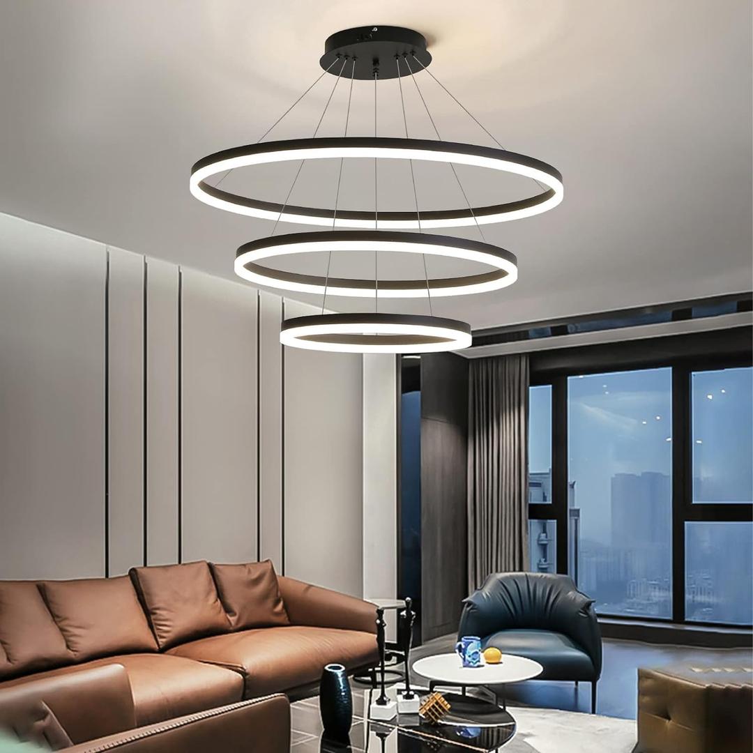 Modern Chandeliers for Living Room, 3-Ring Circles LED Pendant Light Fixture Chandelier for Dining Room, Adjustable Height, Tri-Color Dimmable, Black Finish