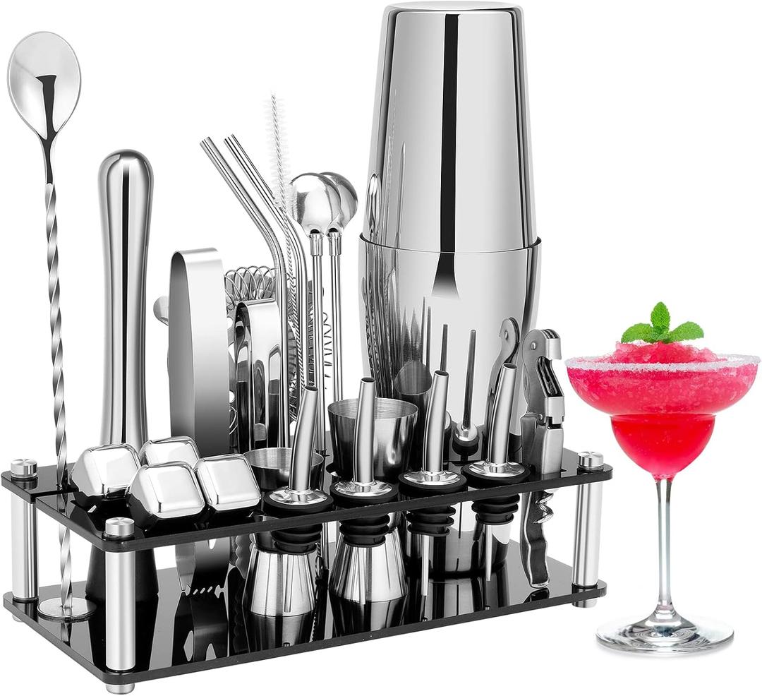 Cocktail Shaker Set, 23-Piece Boston Stainless Steel Bartender Kit with Acrylic Stand & Cocktail Recipes Booklet, Professional Bar Tools for Drink Mixing, Home, Bar, Party (Include 4 Whiskey Stones) (Sliver)