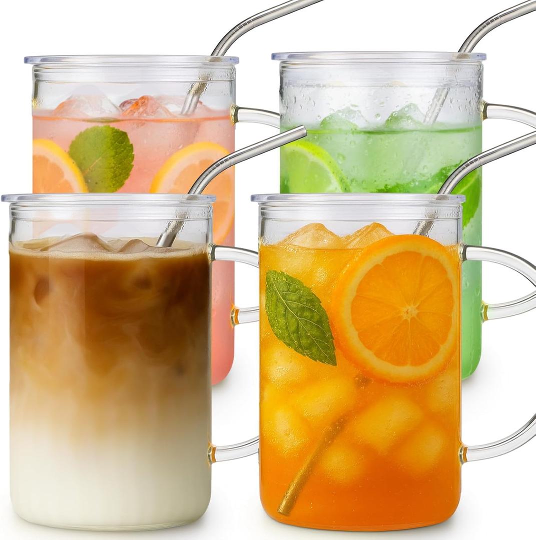 Sieral 4 Pack 33.8 oz Glass Tumbler with Straw and Lid Large Glass Cup with Handles Iced Coffee Glasses Reusable Drinking Glasses Set for Iced Coffee Smoothies Drink Juice for Birthday Valentine Gift