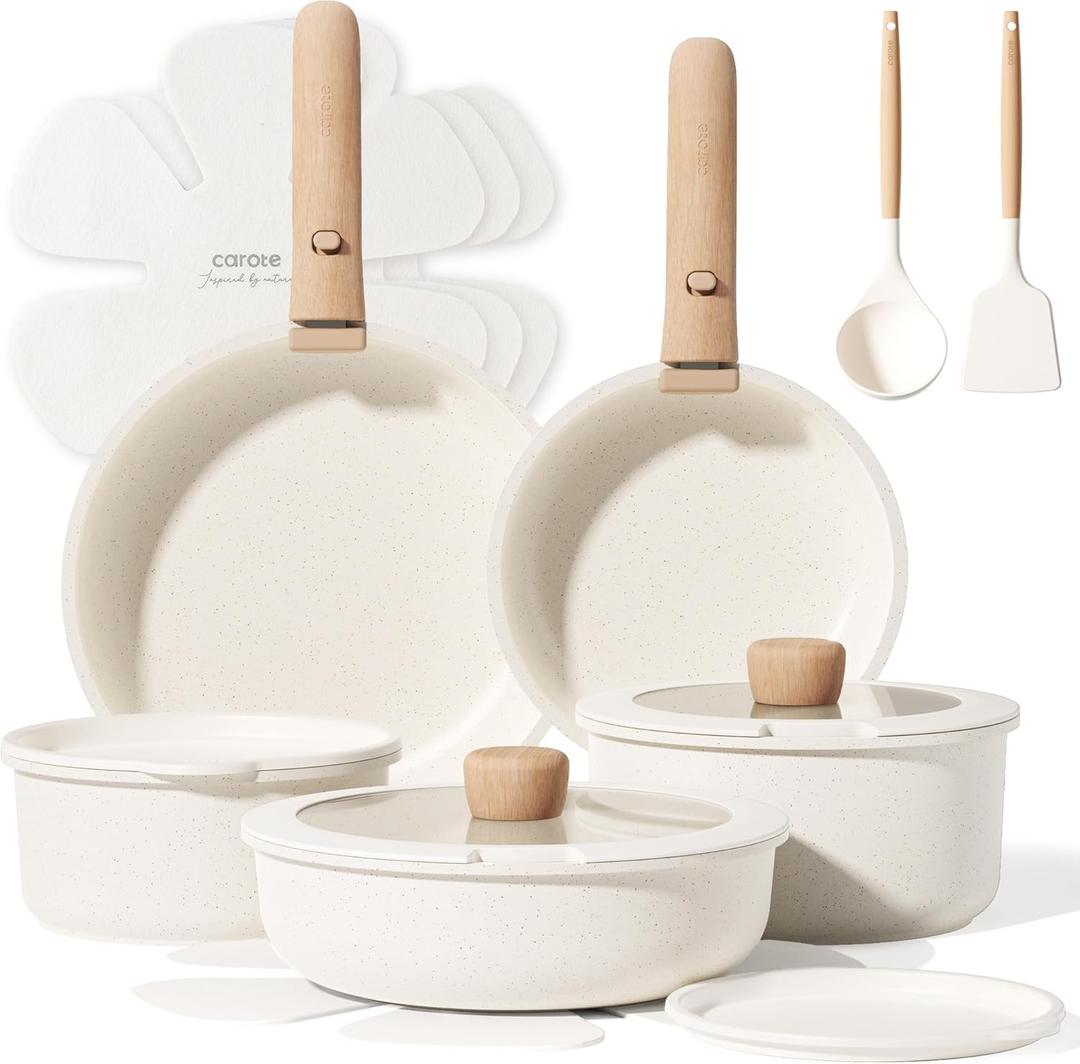 CAROTE 17pcs Pots and Pans Non Stick, Cookware Sets Detachable Handle, Induction Kitchen Pots and Pans,NonStick Cooking Set, Oven/Dishwasher/Fridge Safe, Space Saving (White Cream)