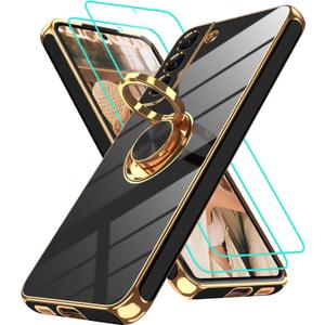 Gritup for Samsung Galaxy S22 Case: with 2Pcs Screen Protector, 360 Rotation Ring Holder Magnetic Kickstand, Plating Gold Edge Soft TPU Shockproof Protective Cover for Galaxy S22, Black