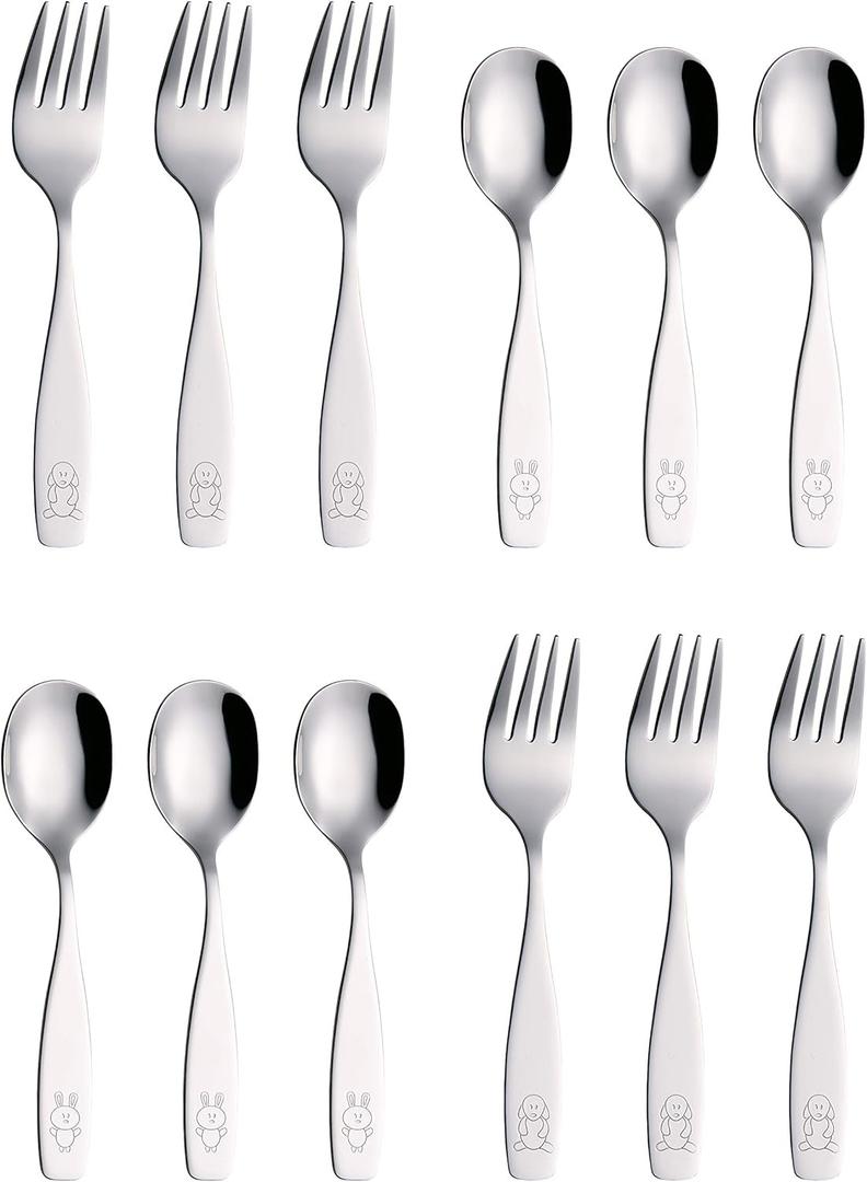 ANNOVA 12 Pieces Children's Safe Flatware/Cutlery/Silverware Set - Safe Kids Toddler Utensils Lunch Box (Engraved Dog Cat Bunny) (Stainless Steel, 12 Forks & Spoon)