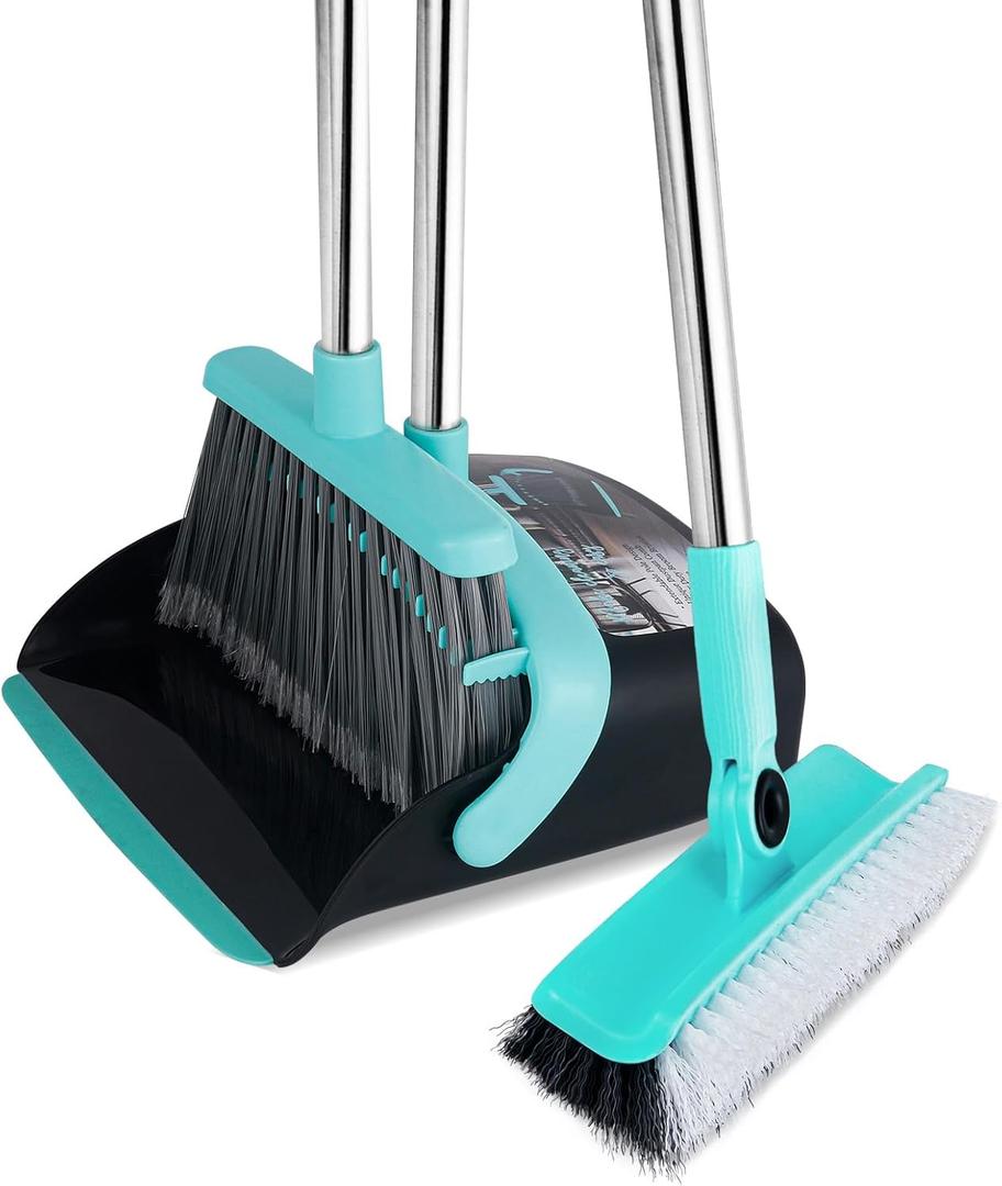 Broom with Dustpan Combo Set, Floor Scrub Brush,Self-Cleaning with Dustpan Teeth,for Indoor Outdoor,Smooth Floors,Bathroom Kitchen (Black)