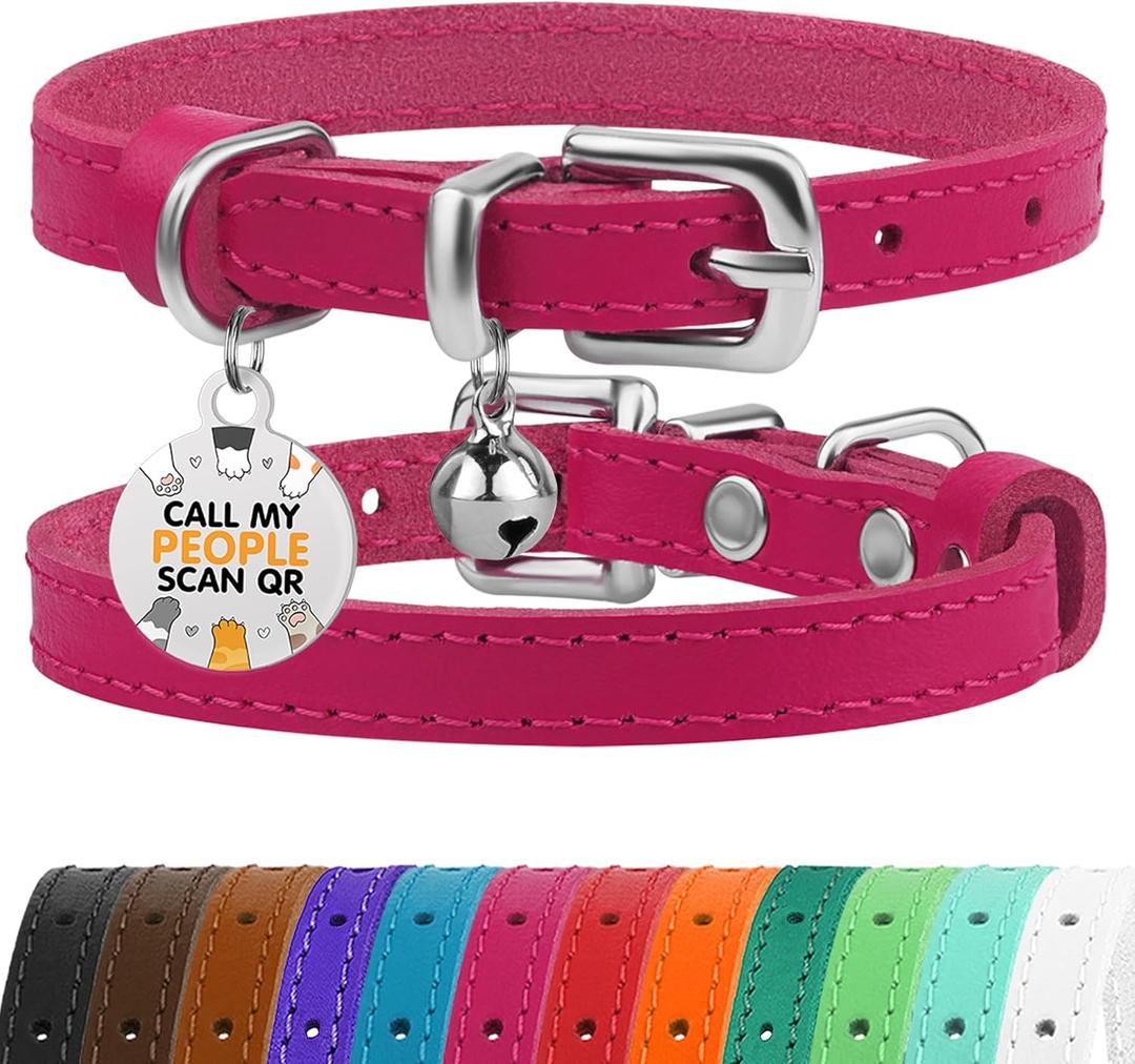 BRONZEDOG Leather Cat Collar with Removable Bells Non Breakaway Kitten QR Tag for Girl Boy (Pink & Silver, 9-12 inch)