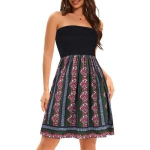 elescat Summer Dresses for Women Strapless Casual Beach Cover Ups Tube Top Sundress (X-Large, Black Green Boho)
