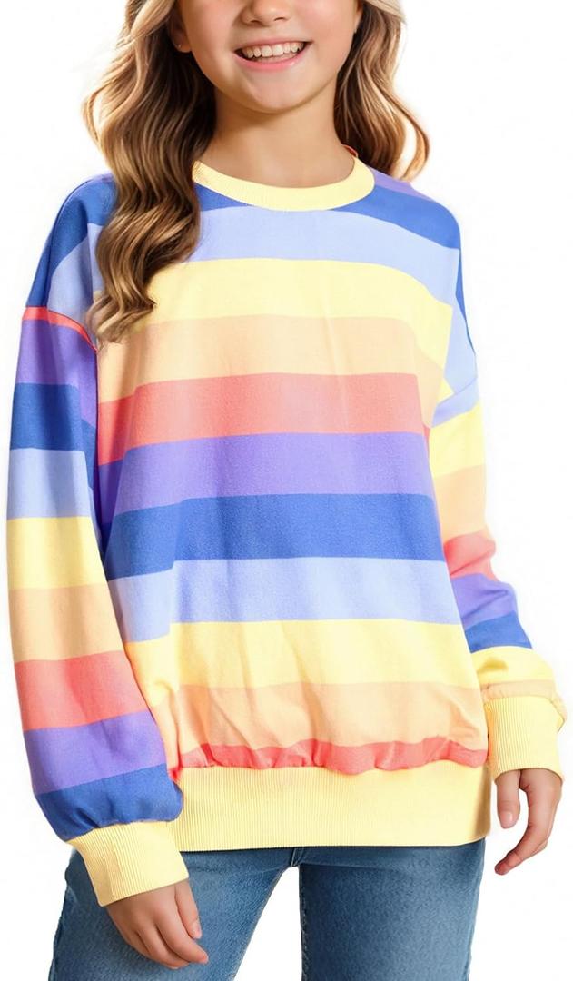 Girls Sweatshirts Striped Rainbow Shirts Kids Cotton Long Sleeve Pullover Crewneck Tops Toddler Casual Clothes, 150