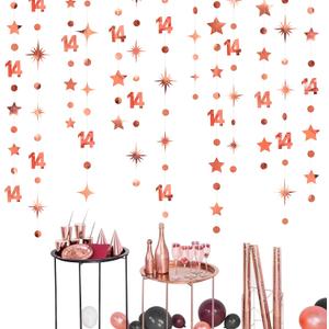 52Ft Rose Gold 14th Birthday Decorations Number 14 Circle Dot Star Garland Metallic Hanging Streamer Banner Backdrop for Girls Happy 14 Year Old Fabulous Birthday Fourteen Anniversary Party Supplies