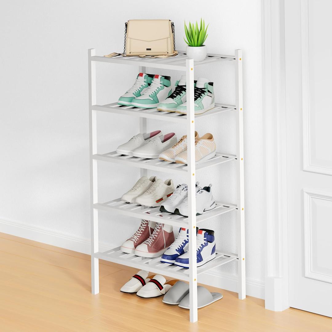 Smiry Small Bamboo Shoe Rack, 5 Tier Free Standing Wooden Shoe Organizer, Stackable Wood Shoe Storage Shelf for Closet, Entryway, 12 Vertical Slats, 2+2+1 Stack Standard Legs, 17.3"x11"x32.5", White