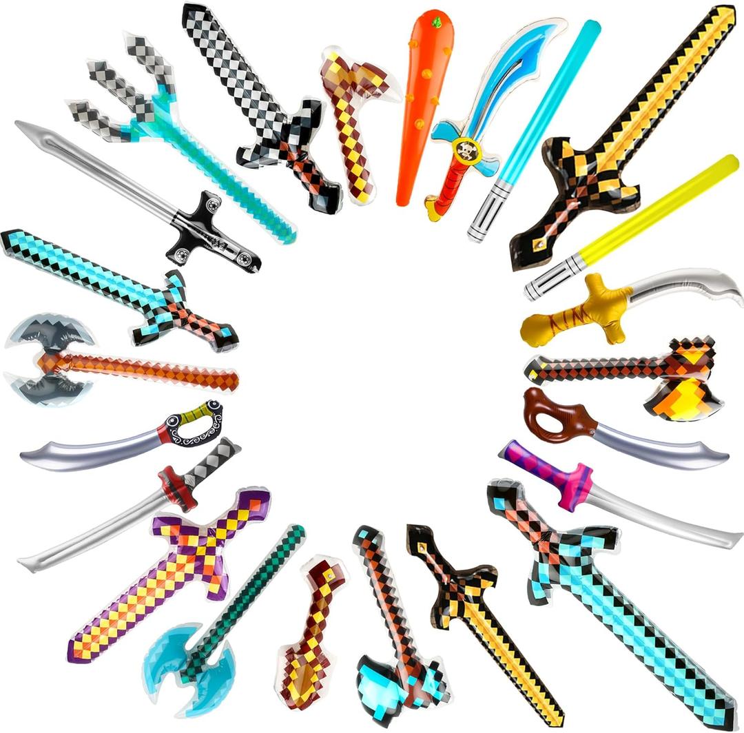 24 Pieces Inflatable Weapon Toys Blow Up Pixel Diamond Swords Axe Pickaxe Weapon Set for Kids Halloween Cosplay Pool Pixel Theme Party Favors