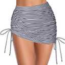 SHEKINI Women's Swimdress Drawstring Ruched Swim Skirt Adjustable Tie Side Swimsuit Bottom (Medium, Black White Pinstripe)