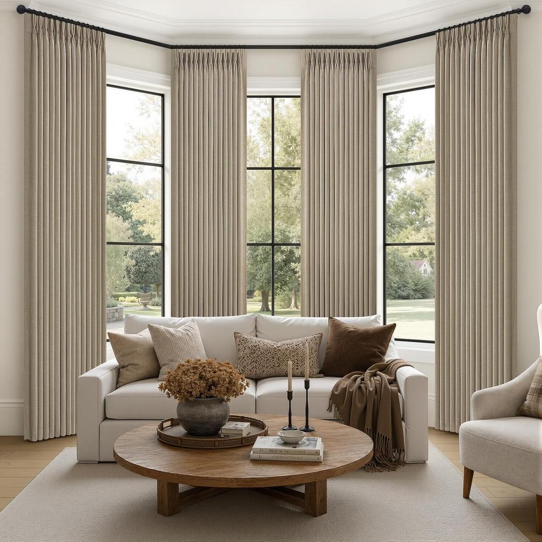 Taupe Pleated Linen Blackout Sliding Doors Curtains 4 Panels Set 84 Inches Long, Memory Trained Pinch Pleat Insulated Noise Reducing Rustic Curtain 84 Inch Length Dining Room Darkening Windows Drapes, 40"W x 84"L
