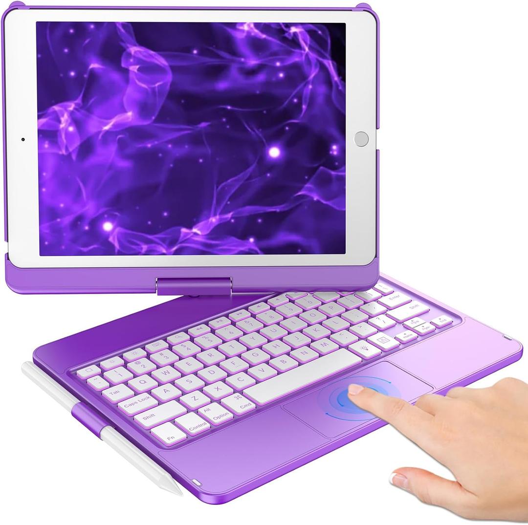 KBCASE Touchpad Keyboard Case for iPad 9th/8th/7th 10.2 inch, Backlit Trackpad Keyboard, 360Rotatable Case with Pencil Holder for iPad 9th/8th/7th Gen (Purple)