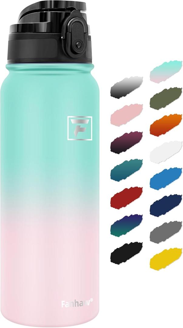 Fanhaw 20 Oz Insulated Stainless Steel Vacuum Water Bottle with Anti-Dust Pop-Open Lid - For Kids, Women, Men | Leak & Sweat Proof (Green Pink)