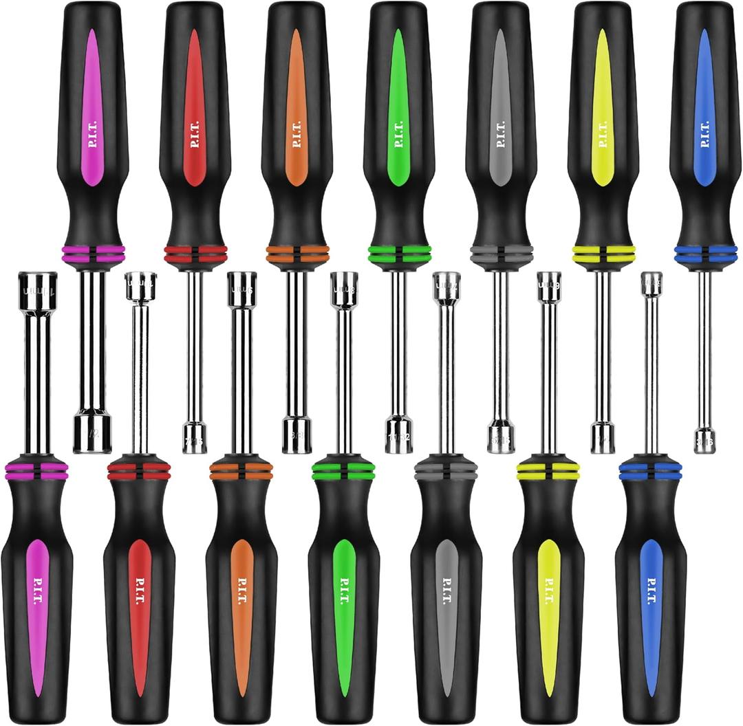 P.I.T.14PC SAE and Metric Nut Driver Set, Solid Shaft Nut Drivers(3/ 16 to 1/ 2 Inch and 5 to 10 mm) For Tightening and Loosening Fasteners with Color Coded Nonslip Comfort TPR Hand Grips