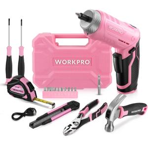 WORKPRO Pink Tool Set with 3.7V Rotatable Electric Screwdriver, 18PCS Portable Ladies Home Tool Kit with Toolbox, Cordless Electric Screwdriver Kit, Household tool kit for Dorm, Apartment -Pink Ribbon