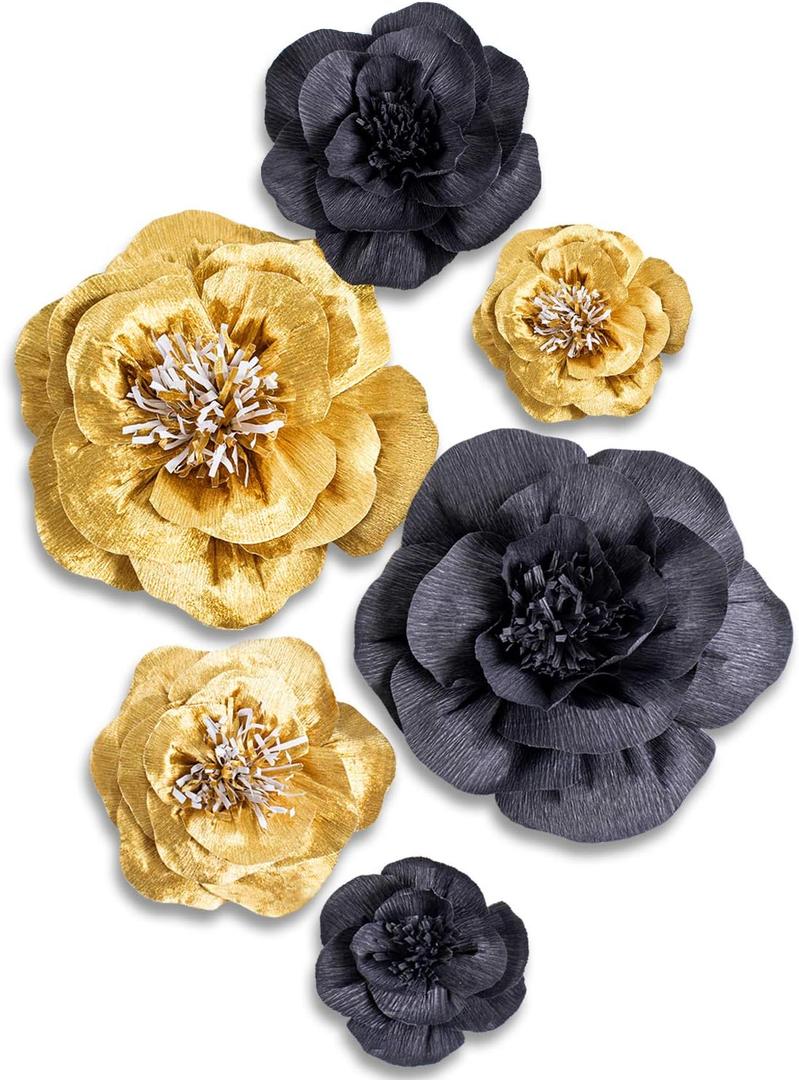 Letjolt Paper Flowers Decorations for Wall 1920s Party Decor Artificial 3D Flowers Backdrop Golden Wedding Garlands Baby Shower Bridal Shower (Golden Black Set 6)