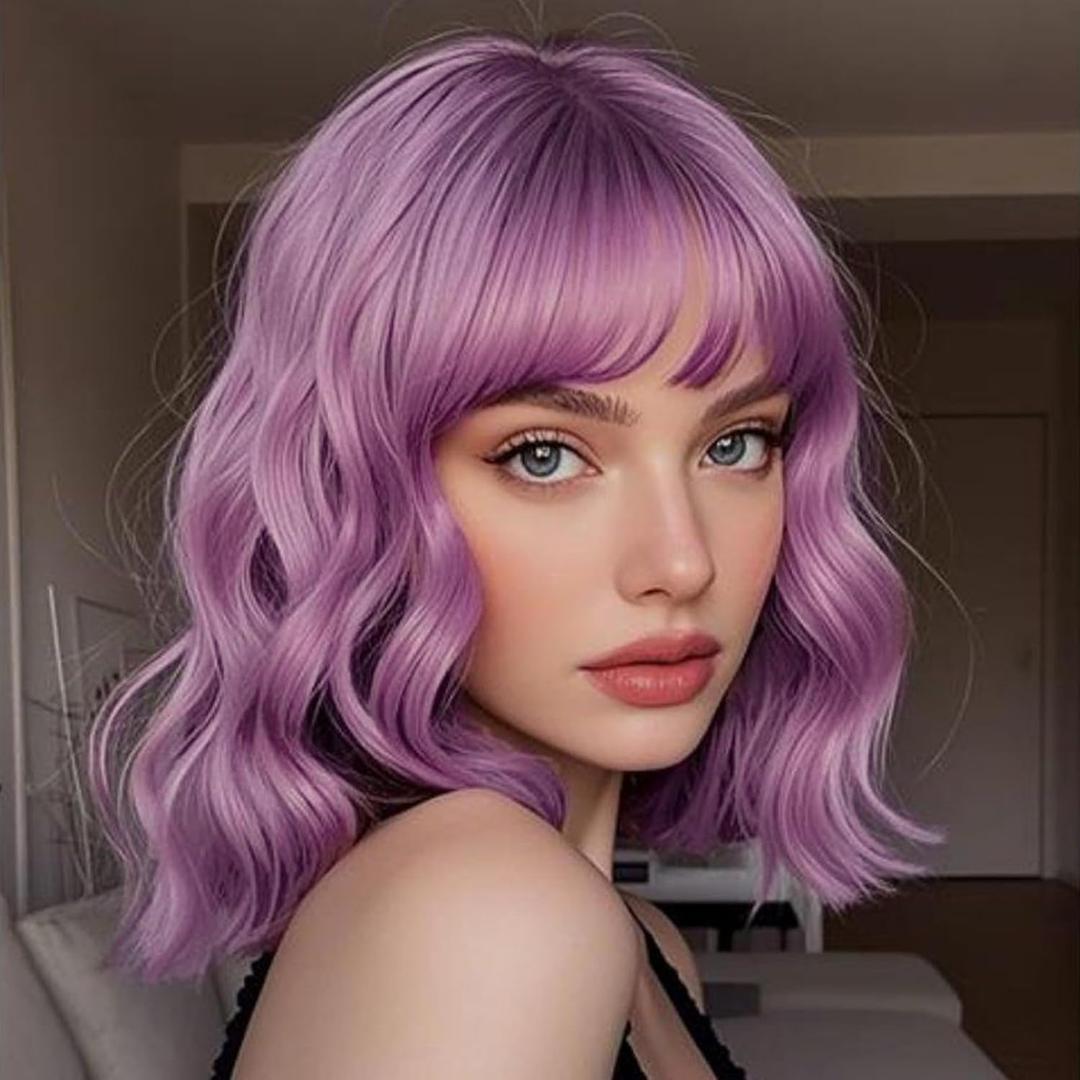 BATISI Lavender Pink Short Bob Wig with Bangs, 14 Inch Loose Wavy Shoulder Length Synthetic Heat Resistant Wigs for Women Daily Party Costume Cosplay