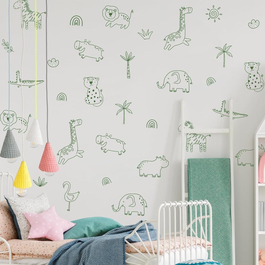 Jungle Animal Wall Decal, Lion, Elephant, Giraffe Animals Wall Stickers for Your Child's Girls and Boys Bedroom Baby Room Nursery Or Kids Room Animal Theme Decor (Green Animal Stickers)
