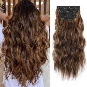 Vigorous Clip in Hair Extensions 20Inch Hair Extensions Clip Ins 6Pcs Long Wavy Synthetic Hairpieces for Women (Caraamel Brown & Dark Roasted Coffee)