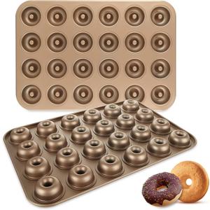 2 Pack 24-Cavity Mini Donut Pan, Nonstick Small Donut Tray Doughnut Bakeware, Carbon Steel Mini Donut Cake Pans for Baking - Gold