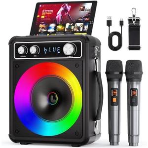 VOSOCO Karaoke Machine, Portable Bluetooth Karaoke Speaker with 2 Wireless Microphones, PA System for Adults Kids with LED Lights & Echo Adjustment, Supports TWS/TF/USB/AUX for Home Party