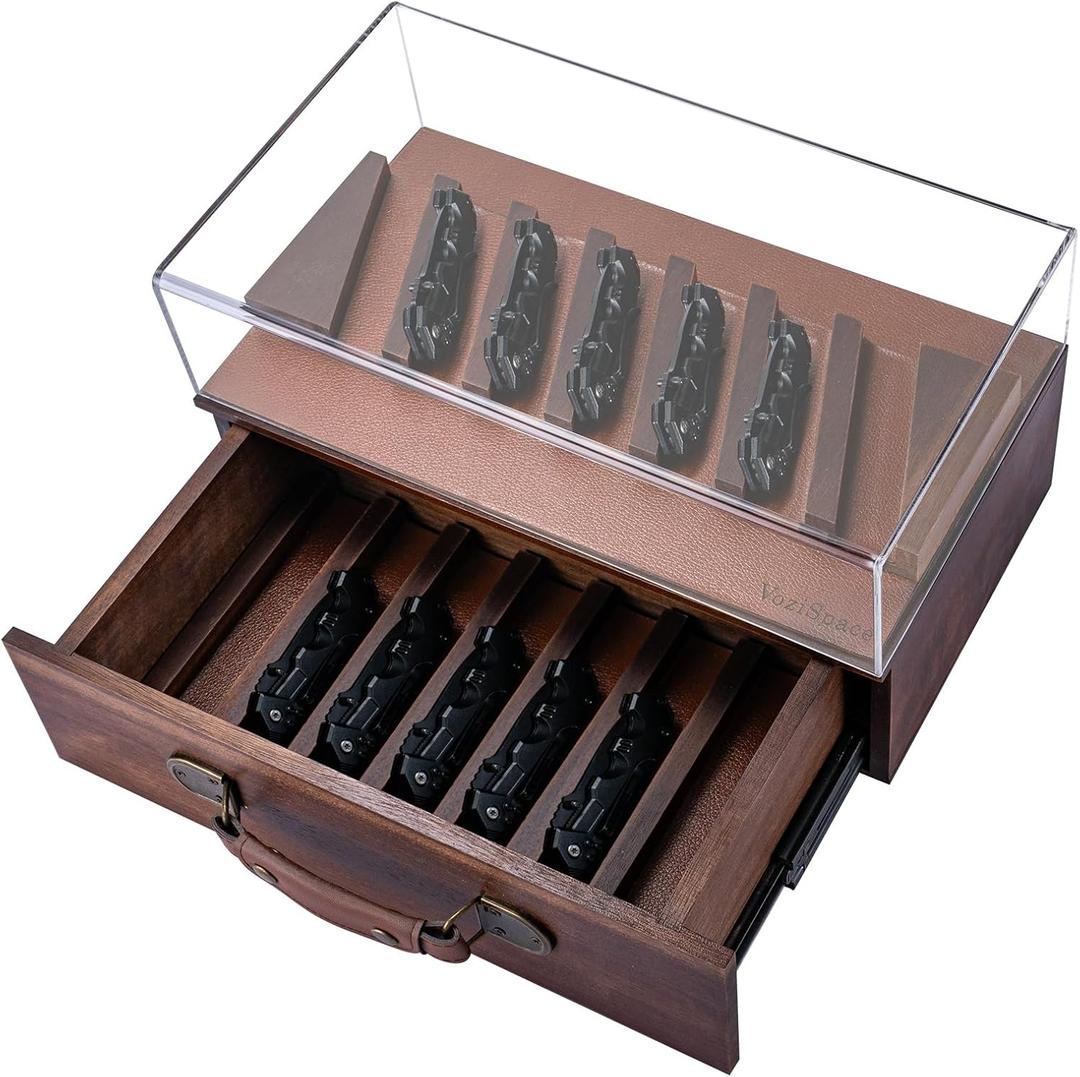 Knife Display Case for 14 Knives, Fathers Day Gift for EDC Collectors - Large Handcrafted Wooden Pocket Knife Box Storage Case for Collections with a Removable Drawer Insert & Premium Slide Rails