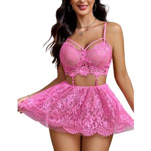 Avidlove Lingerie for Women Lace Babydoll Mesh Nightwear Chemise Nightie (X-Large, Rose Red)