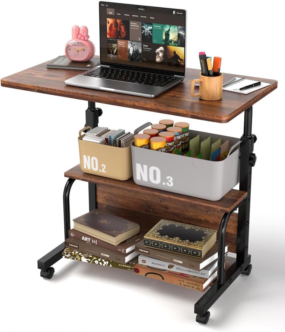 Portable Rolling Desk on Wheels Adjustable Height Desks for Small Spaces, 32" Computer Desk Drafting Tables with Storage Shelves for Home Office Rustic