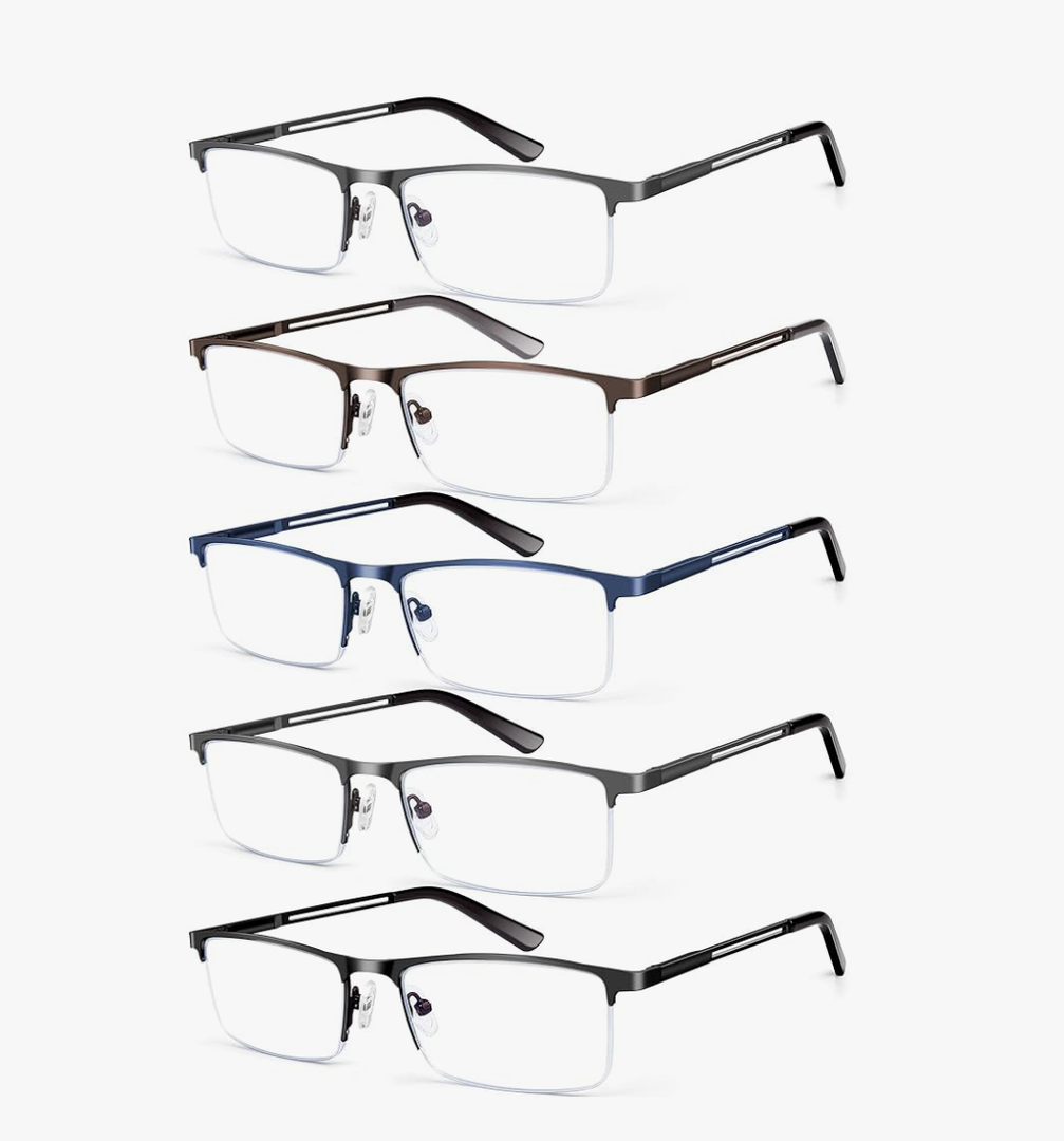 Blue Light Blocking Reading Glasses for Men, Half Frame Metal Readers Spring Hinge Eyeglasses Anti Eyestrain/Glare/UV 2.50
